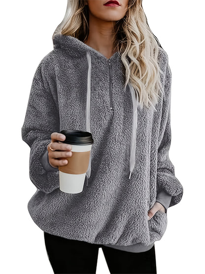 Comfortable Grey Sherpa Hoodie for Women with Quarter Zip Long Sleeve Relaxed Oversized Knit Style