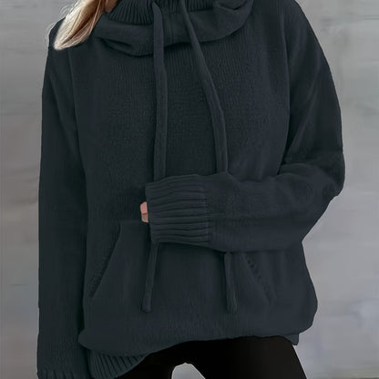 Comfortable Knit Sweater for Women with Cowl Neck Long Sleeve Drawstring Oversized Relaxed Style