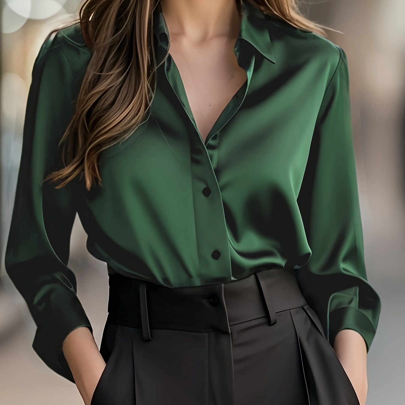 Elegant Satin Blouse for Women with Collar Long Sleeve Button Front Relaxed Silky Style