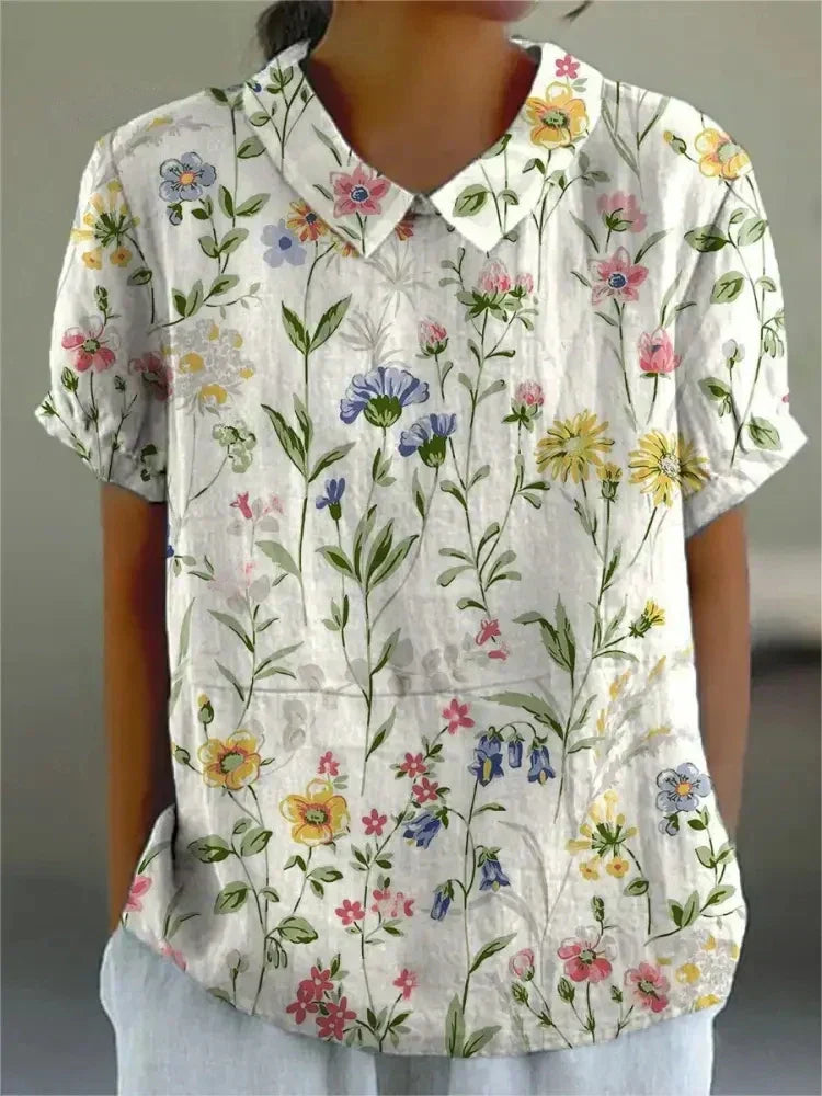 Effortless Floral Linen Blouse for Women with Collar Short Sleeve Relaxed Casual Style