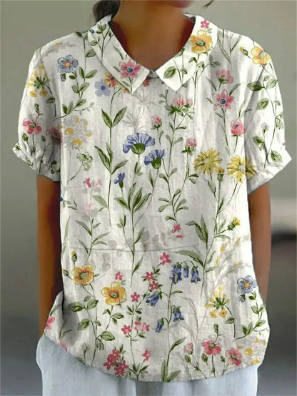 Effortless Floral Linen Blouse for Women with Collar Short Sleeve Relaxed Casual Style