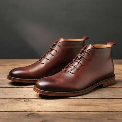 Elegant Leather Chukka Boots for Women with Lace Up Round Toe Stacked Heel Casual Style