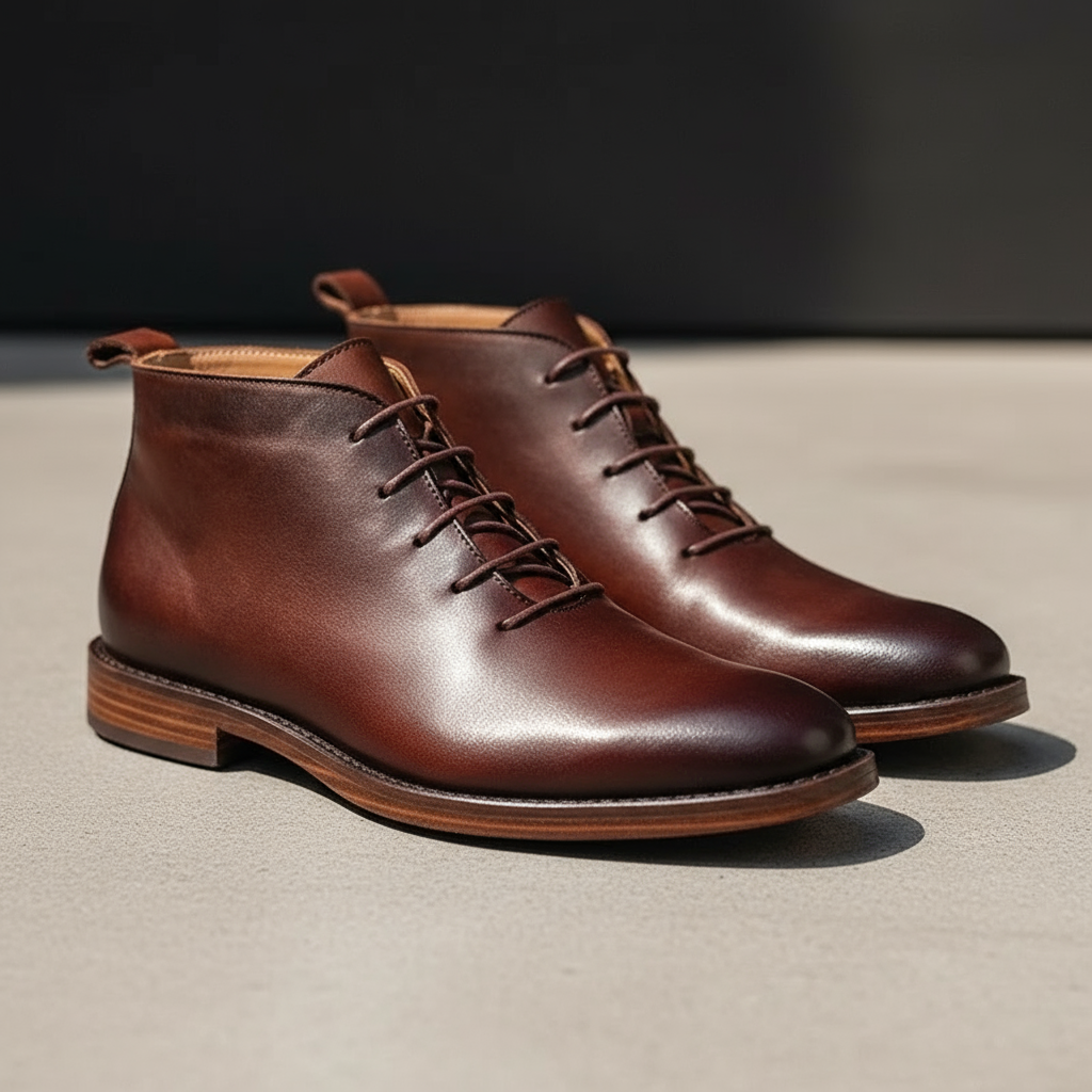 Elegant Leather Chukka Boots for Women with Lace Up Round Toe Stacked Heel Casual Style