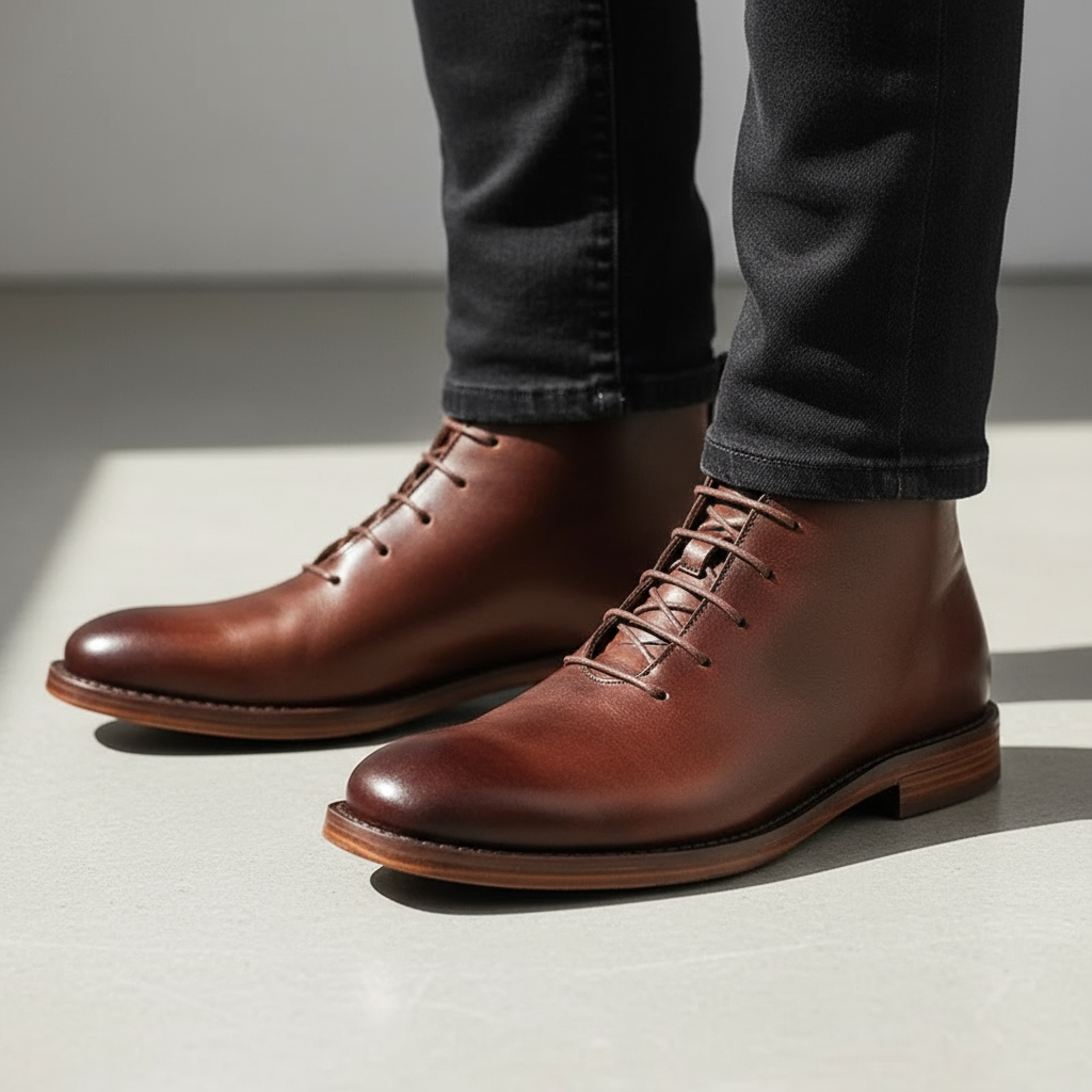 Elegant Leather Chukka Boots for Women with Lace Up Round Toe Stacked Heel Casual Style