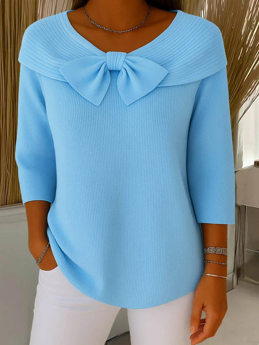 Effortless Ribbed Knit Sweater for Women with V Neck Elbow Sleeve Bow Tie Foldover Collar Relaxed Style