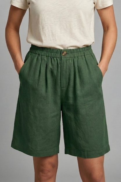 Effortless Linen Bermuda Shorts for Women with Elastic Waist Pleated Knee Length Casual Style