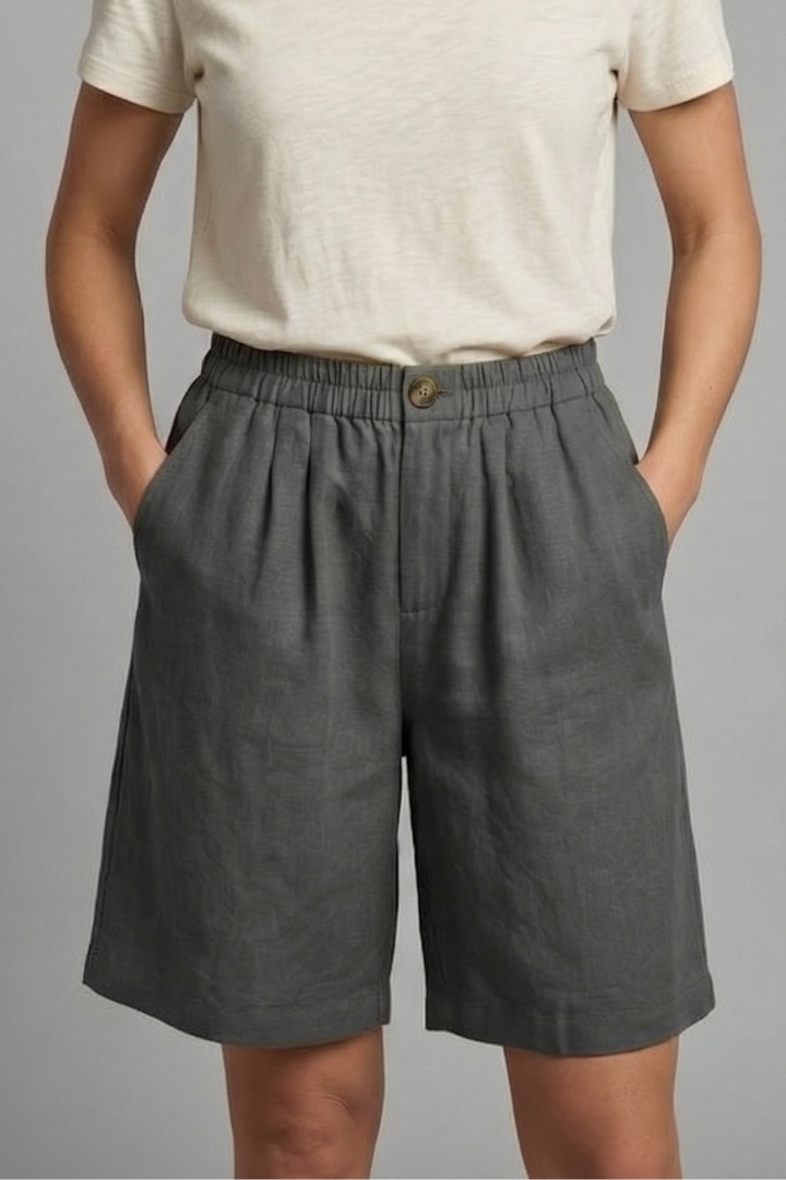 Effortless Linen Bermuda Shorts for Women with Elastic Waist Pleated Knee Length Casual Style