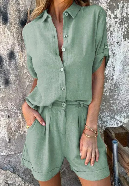 Effortless Linen Two Piece Set for Women with Collar Elbow Sleeve Button Front Relaxed Style