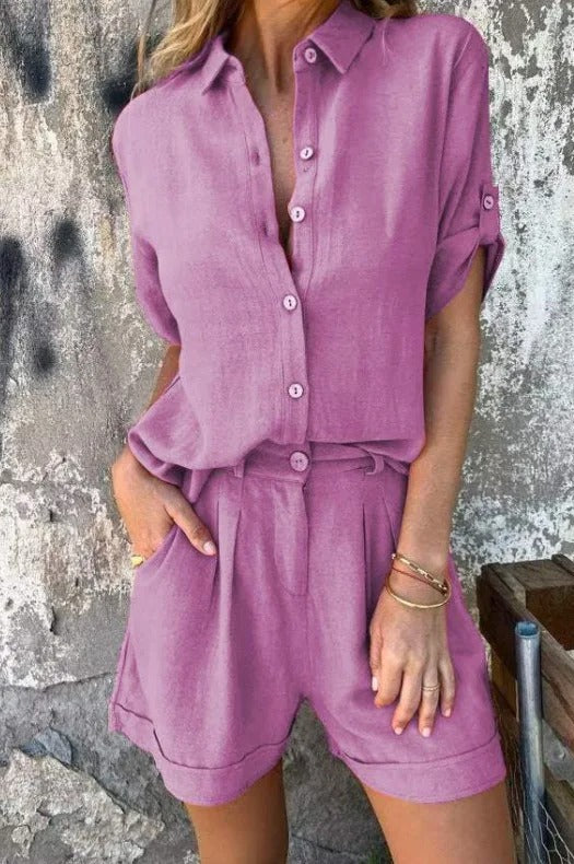 Effortless Linen Two Piece Set for Women with Collar Elbow Sleeve Button Front Relaxed Style