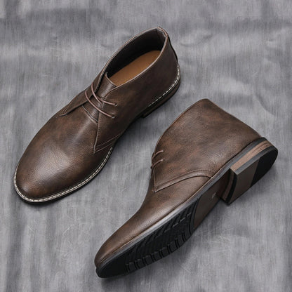 Elegant Dark Brown Leather Chukka Boot for Women with Lace Up Round Toe Stacked Heel Casual Style