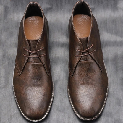 Elegant Dark Brown Leather Chukka Boot for Women with Lace Up Round Toe Stacked Heel Casual Style