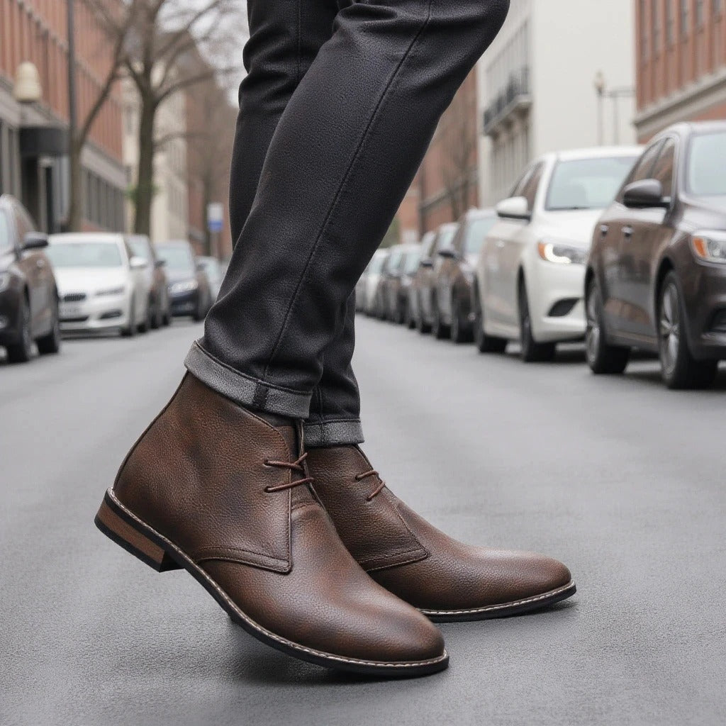 Elegant Dark Brown Leather Chukka Boot for Women with Lace Up Round Toe Stacked Heel Casual Style