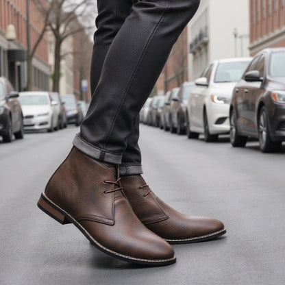 Elegant Dark Brown Leather Chukka Boot for Women with Lace Up Round Toe Stacked Heel Casual Style