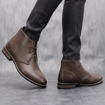 Elegant Dark Brown Leather Chukka Boot for Women with Lace Up Round Toe Stacked Heel Casual Style