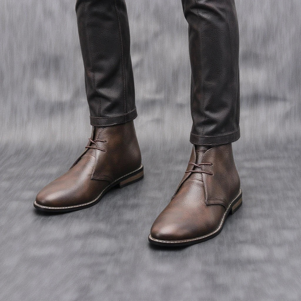 Elegant Dark Brown Leather Chukka Boot for Women with Lace Up Round Toe Stacked Heel Casual Style