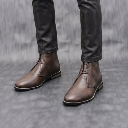 Elegant Dark Brown Leather Chukka Boot for Women with Lace Up Round Toe Stacked Heel Casual Style