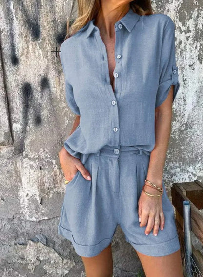 Effortless Linen Two Piece Set for Women with Collar Elbow Sleeve Button Front Relaxed Style