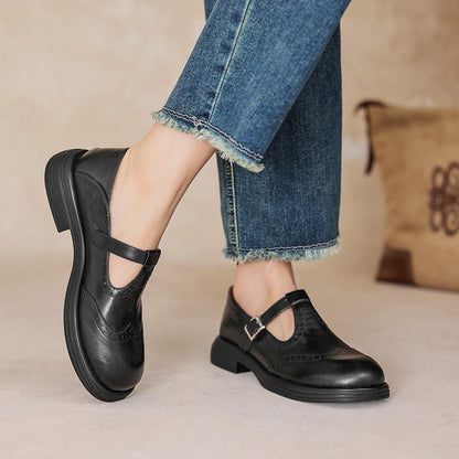 Elegant Leather Mary Jane Shoes for Women with T Strap Buckle Wingtip Brogue Platform Style