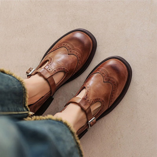 Elegant Leather Mary Jane Shoes for Women with T Strap Buckle Wingtip Brogue Platform Style