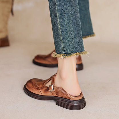 Elegant Leather Mary Jane Shoes for Women with T Strap Buckle Wingtip Brogue Platform Style