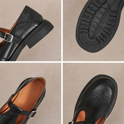 Elegant Leather Mary Jane Shoes for Women with T Strap Buckle Wingtip Brogue Platform Style