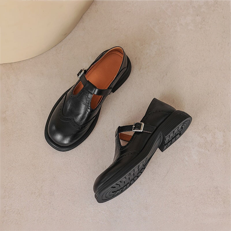 Elegant Leather Mary Jane Shoes for Women with T Strap Buckle Wingtip Brogue Platform Style