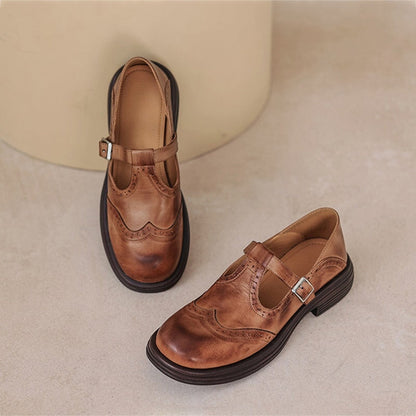 Elegant Leather Mary Jane Shoes for Women with T Strap Buckle Wingtip Brogue Platform Style