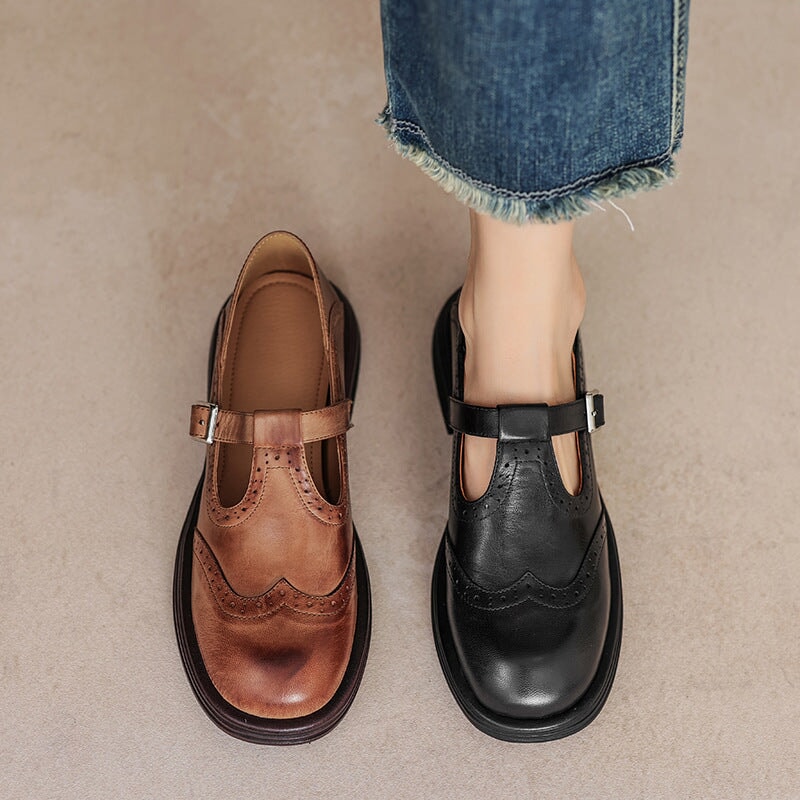Elegant Leather Mary Jane Shoes for Women with T Strap Buckle Wingtip Brogue Platform Style