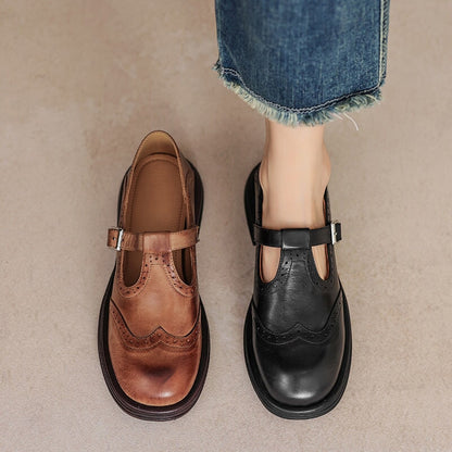 Elegant Leather Mary Jane Shoes for Women with T Strap Buckle Wingtip Brogue Platform Style