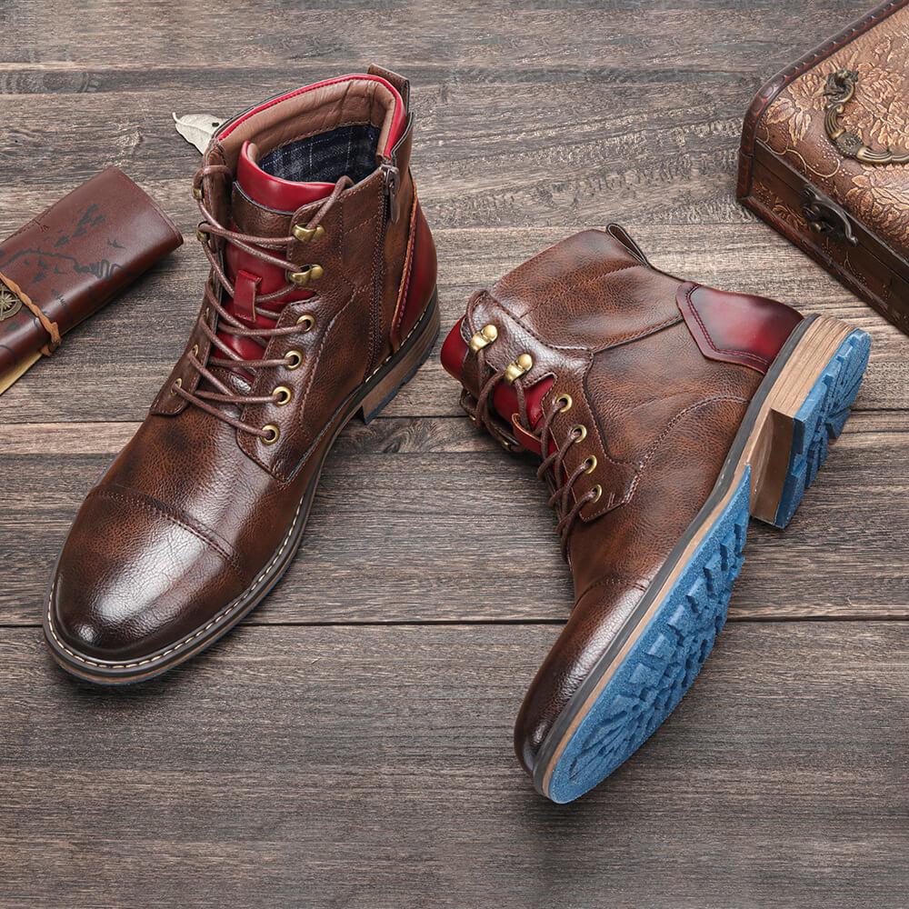 Elegant Brown Leather Ankle Boot for Women with Cap Toe Lace Up Red Trim Vintage Style