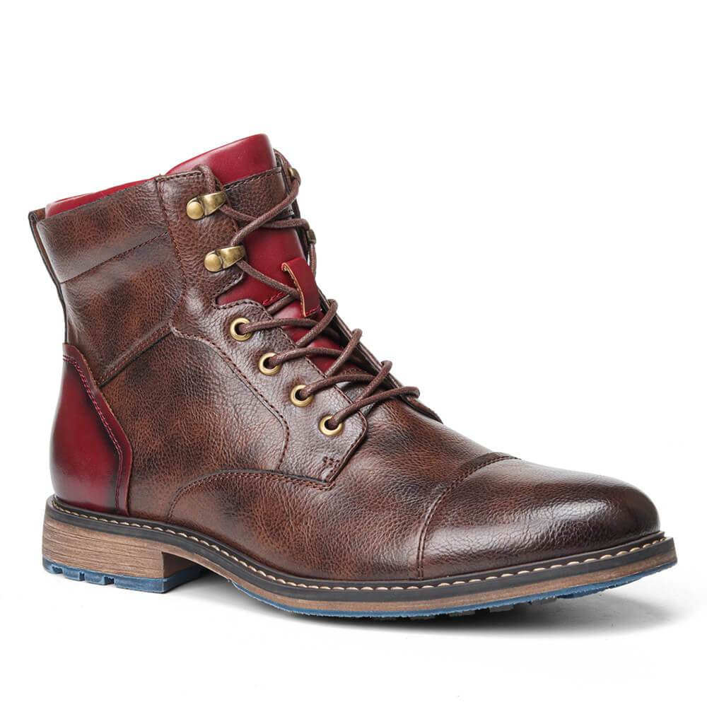 Elegant Brown Leather Ankle Boot for Women with Cap Toe Lace Up Red Trim Vintage Style