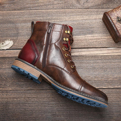 Elegant Brown Leather Ankle Boot for Women with Cap Toe Lace Up Red Trim Vintage Style