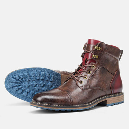 Elegant Brown Leather Ankle Boot for Women with Cap Toe Lace Up Red Trim Vintage Style