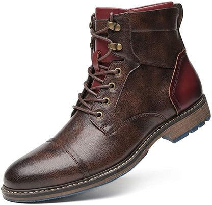 Elegant Brown Leather Ankle Boot for Women with Cap Toe Lace Up Red Trim Vintage Style