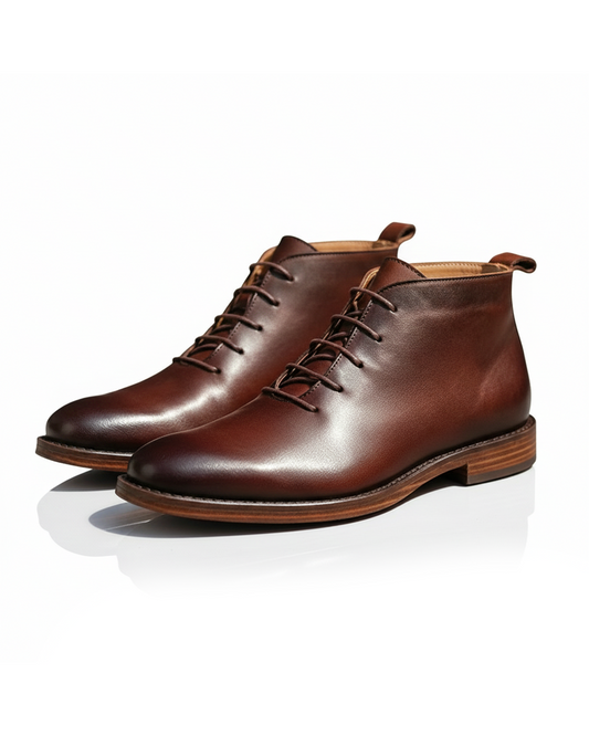 Elegant Leather Chukka Boots for Women with Lace Up Round Toe Stacked Heel Casual Style