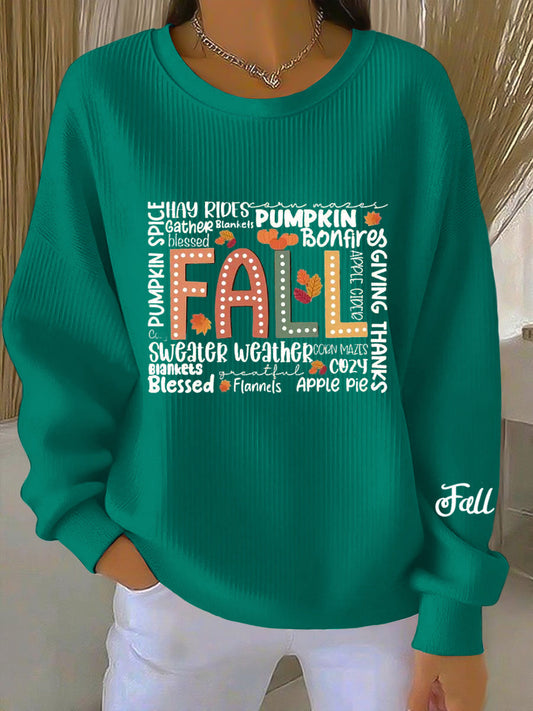 Comfortable Blue Green Fall Print Sweatshirt for Women with Crew Neck Long Sleeve Relaxed Oversized Knit Style