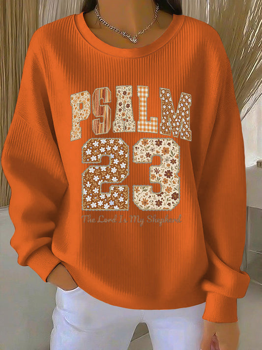 Comfortable Orange Graphic Sweatshirt for Women with Crew Neck Long Sleeve Ribbed Oversized Knit Style