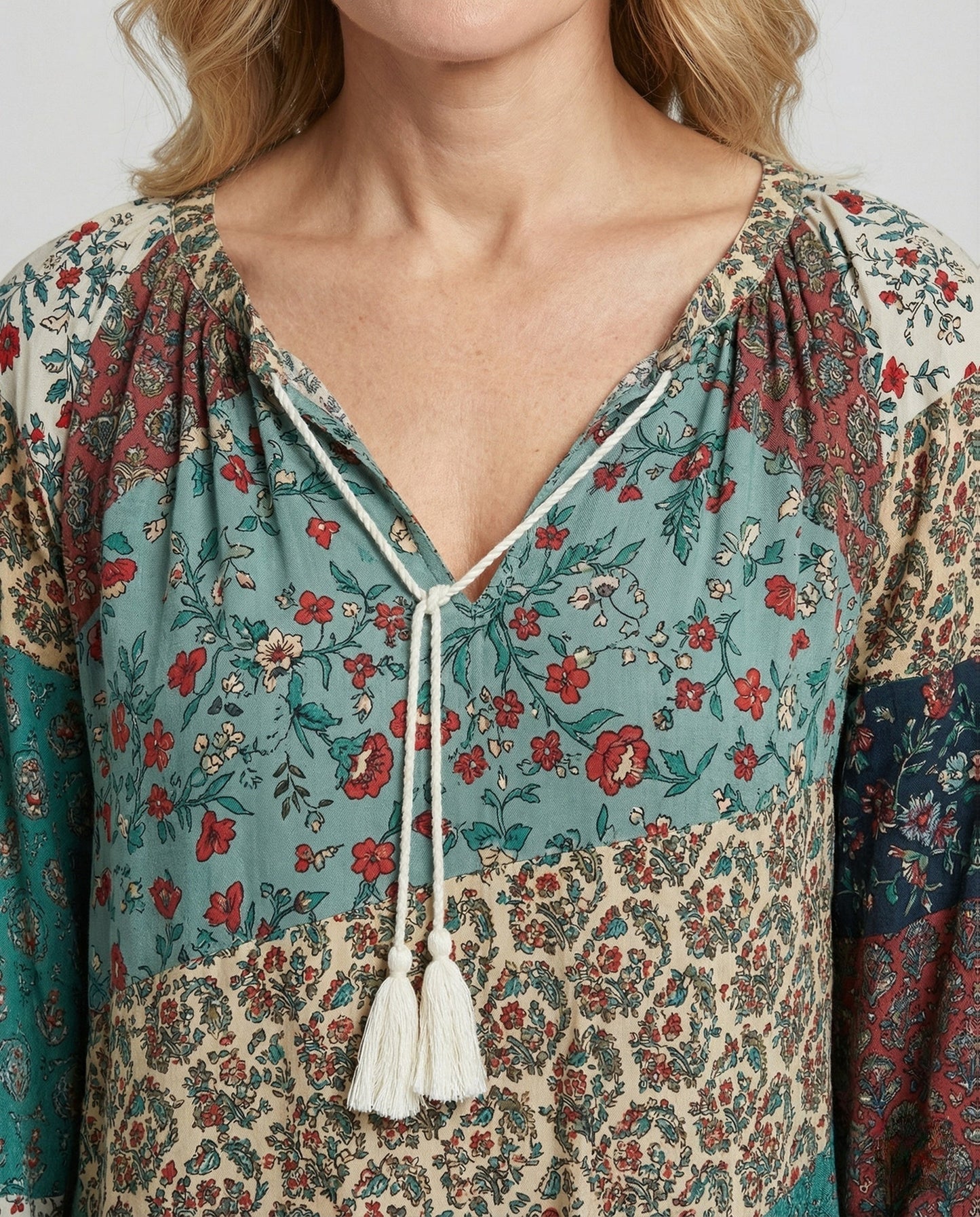 Effortless Patchwork Floral Blouse for Women with V Neck Long Sleeve Tasseled Tie Bohemian Style