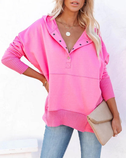 Effortless Snap Button Hoodie for Women with Hooded Long Sleeve High Low Ribbed Cuff Relaxed Style