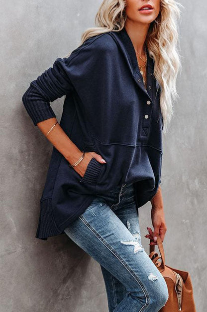 Effortless Snap Button Hoodie for Women with Hooded Long Sleeve High Low Ribbed Cuff Relaxed Style