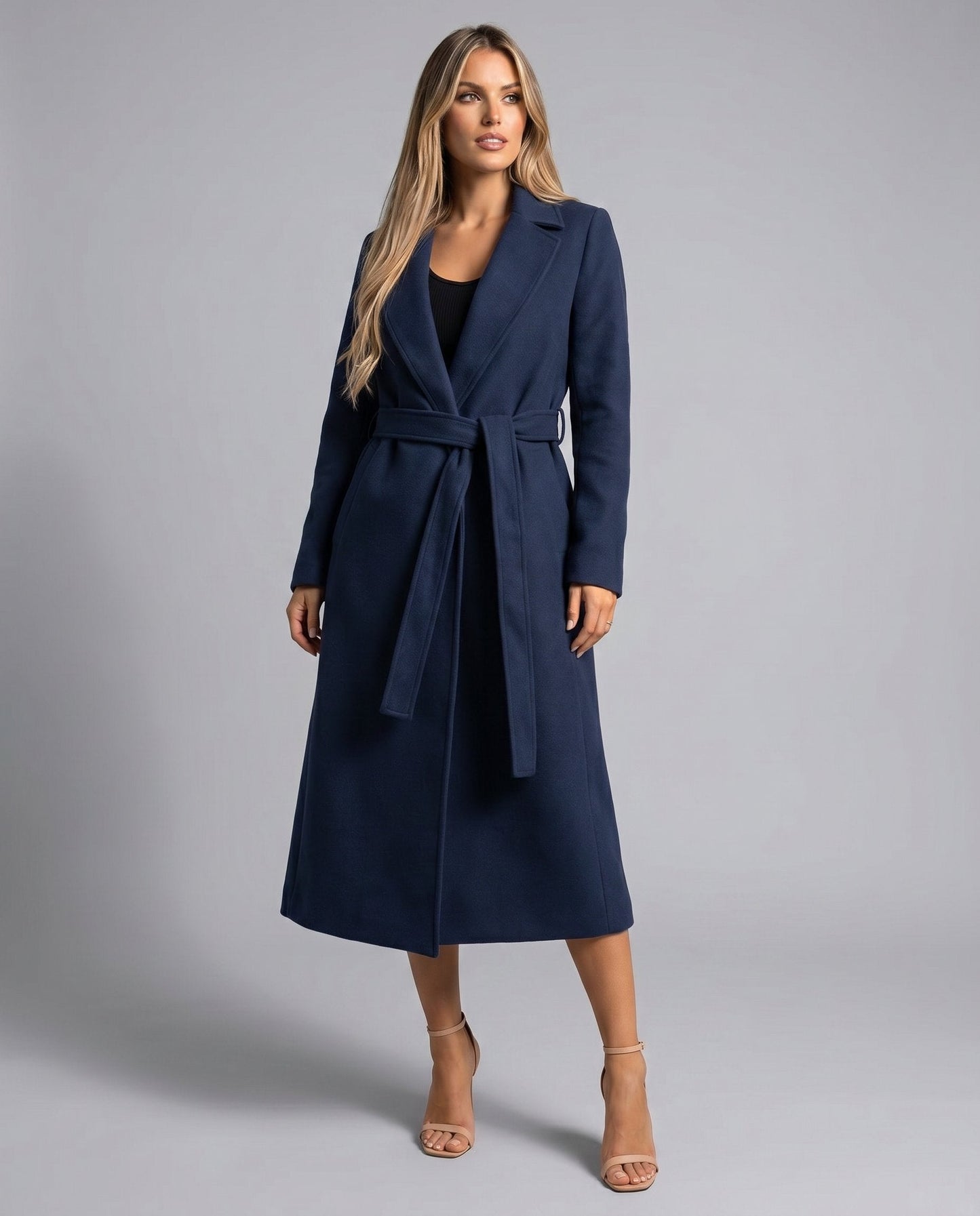 Elegant Navy Wool Trench Coat for Women with Notch Lapel Long Sleeve Belted Flowing Style