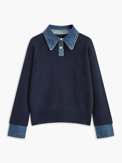 Comfortable Denim Trim Polo Sweater for Women with Collar Long Sleeve Relaxed Oversized Knit Style