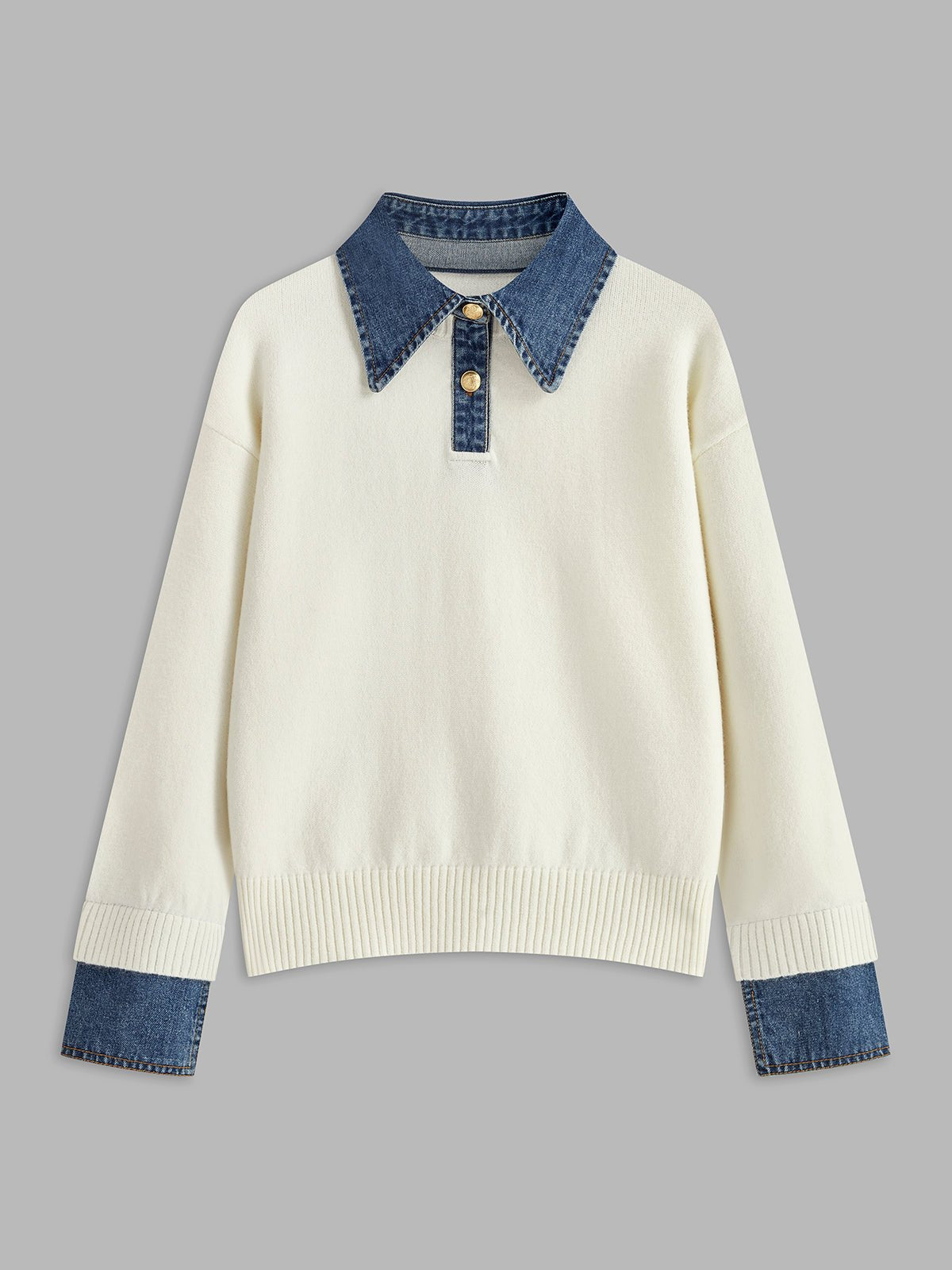 Comfortable Denim Trim Polo Sweater for Women with Collar Long Sleeve Relaxed Oversized Knit Style