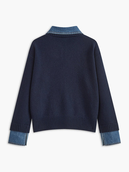 Comfortable Denim Trim Polo Sweater for Women with Collar Long Sleeve Relaxed Oversized Knit Style