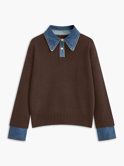 Comfortable Denim Trim Polo Sweater for Women with Collar Long Sleeve Relaxed Oversized Knit Style