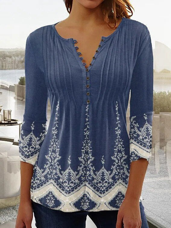 Effortless Floral Blouse for Women with Notched Neck Bell Sleeve Pintuck Button Front Casual Style