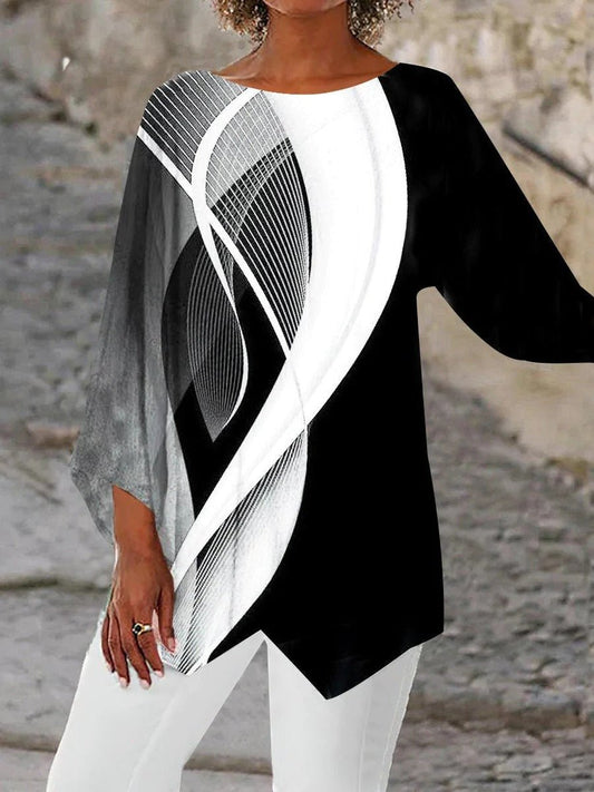 Effortless Black and White Geometric Print Tunic Top for Women with Round Neck Batwing Sleeve Asymmetrical Hem Flowing Style