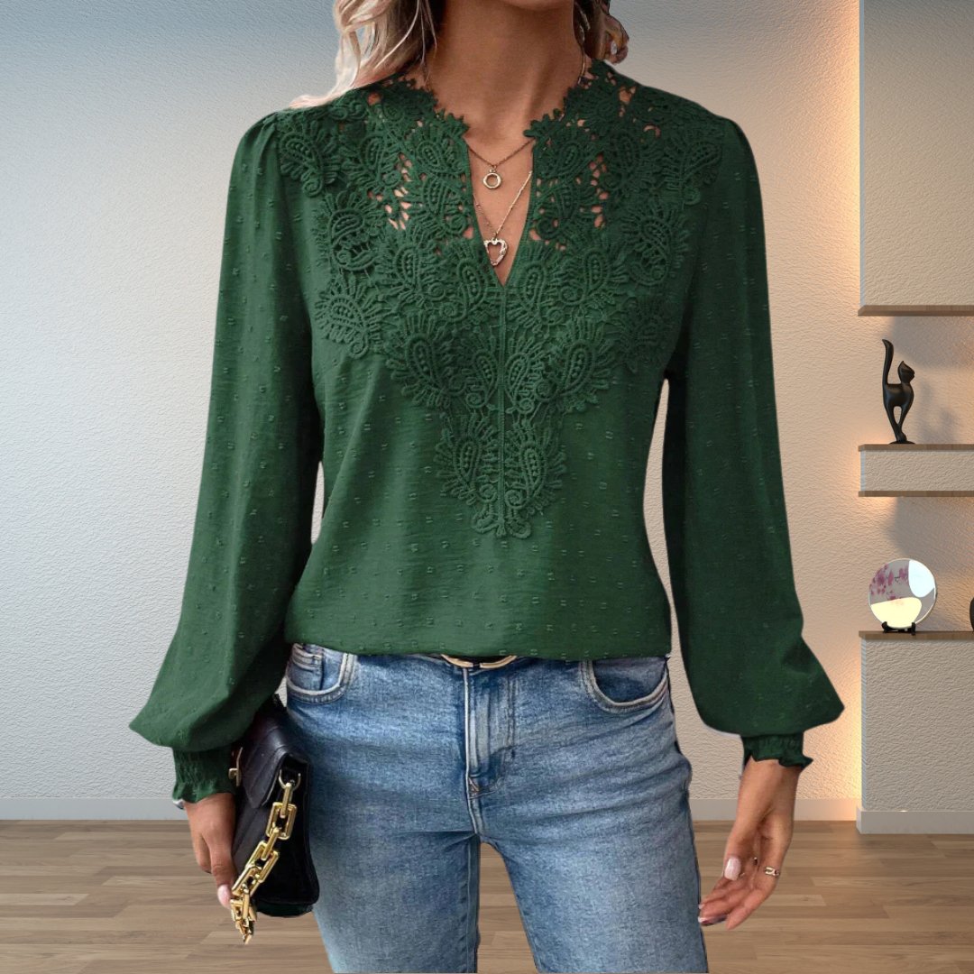 Effortless Swiss Dot Lace Blouse for Women with V Neck Long Sleeve Crochet Trim Casual Style