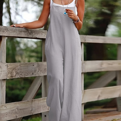 Effortless Linen Wide Leg Jumpsuit for Women with Square Neck Sleeveless Pocket Relaxed Bohemian Style