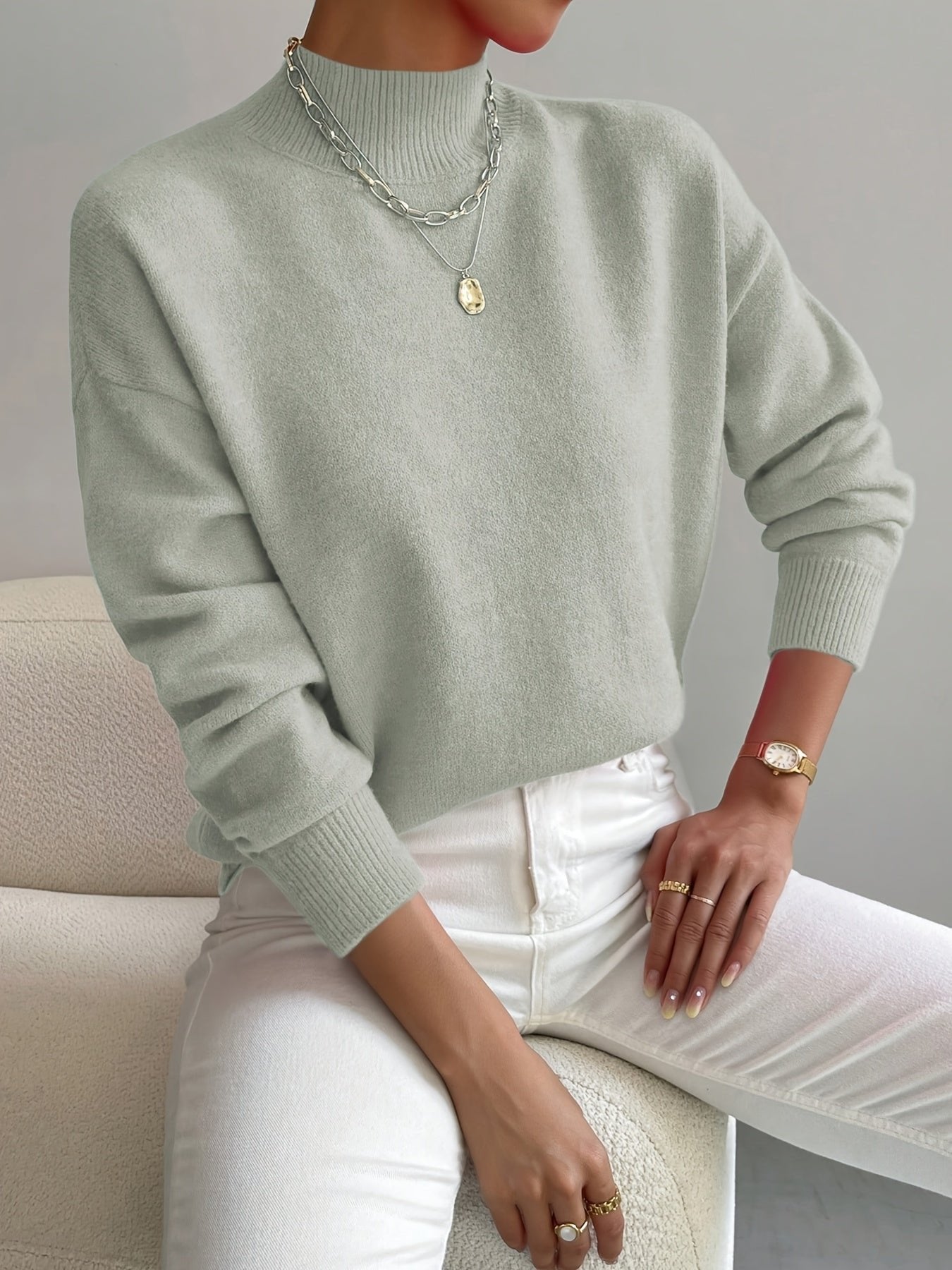 Comfortable Mock Neck Sweater for Women with Long Sleeve Relaxed Oversized Knit Style